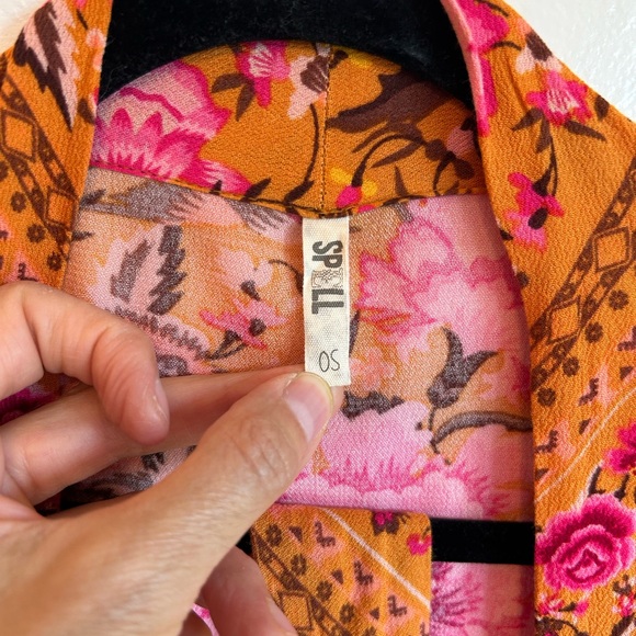 Spell Vibrant Marigold and Pink Floral Kimono w/ Belt - Picture 3 of 6